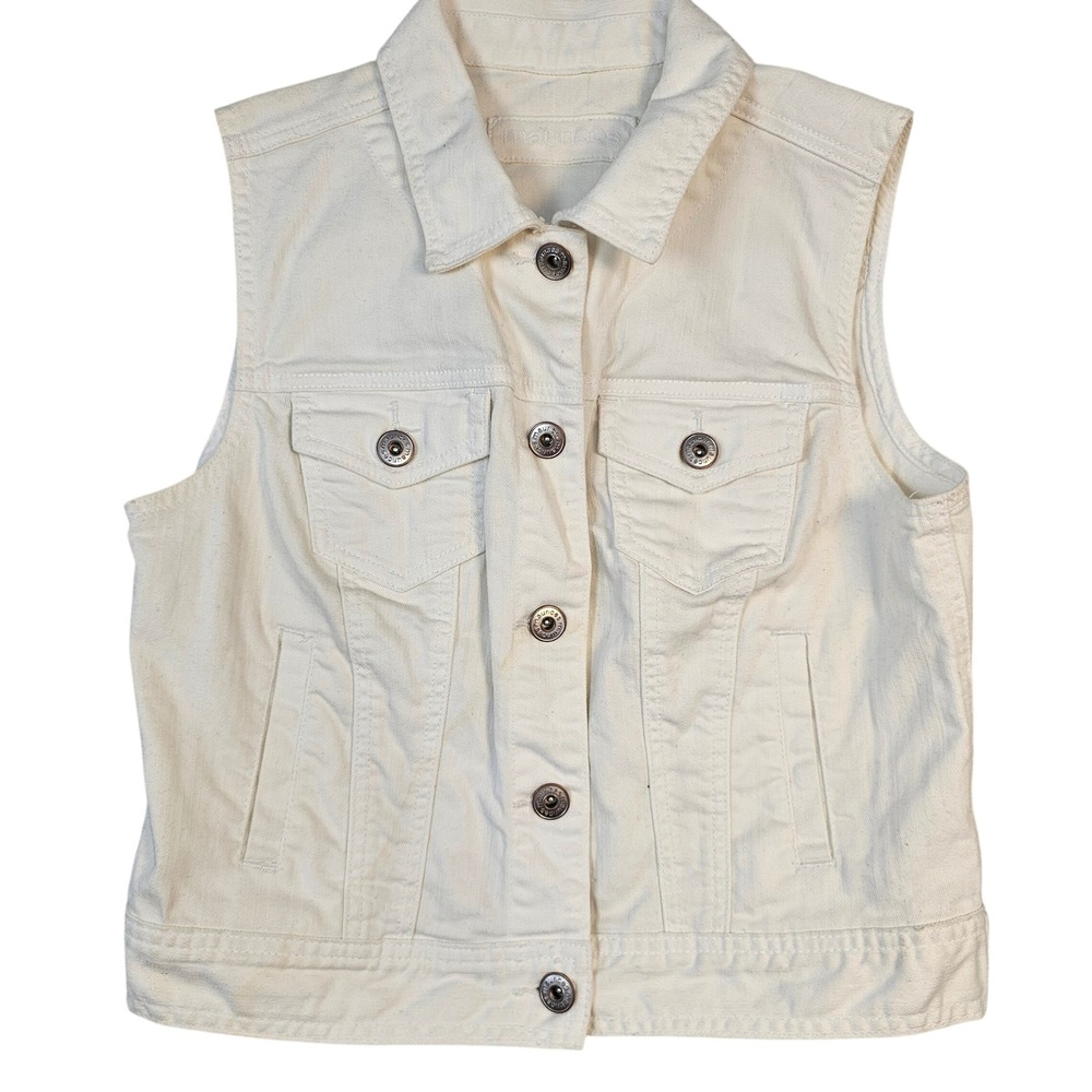 Maurices Womens White Denim Vest Sleeveless Trucker Jacket Button Front Pockets